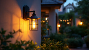A photograph of a beautifully designed outdoor sconce light fixture mounted on an inviting exterior wall