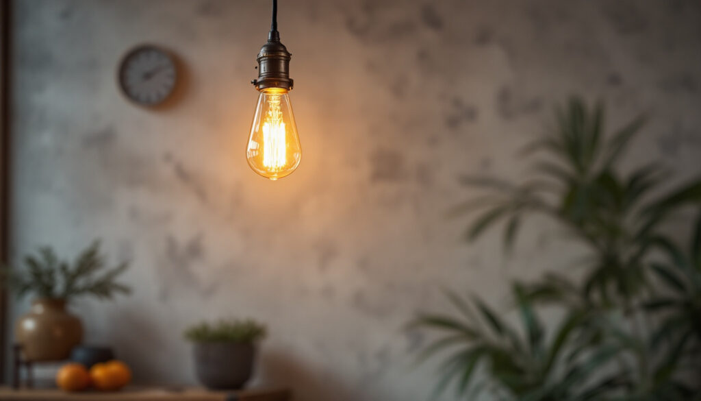A photograph of a stylish industrial pendant light hanging in a modern interior setting
