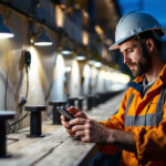 A photograph of a skilled lighting contractor carefully assessing various dock lighting options