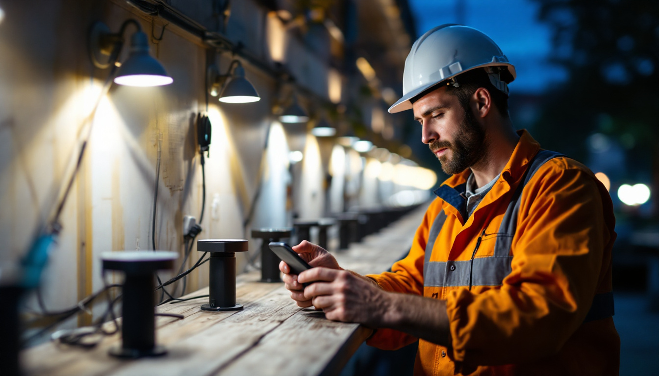 A photograph of a skilled lighting contractor carefully assessing various dock lighting options