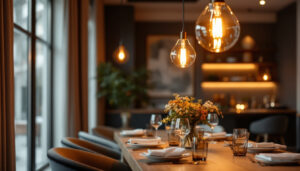 A photograph of a stylish dining room featuring elegant hanging lights that create a warm and inviting atmosphere