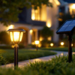A photograph of a beautifully landscaped yard illuminated by various styles of solar lights at dusk