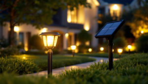 A photograph of a beautifully landscaped yard illuminated by various styles of solar lights at dusk