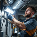 A photograph of a lighting contractor skillfully installing a ballast bypass led fixture in a commercial setting