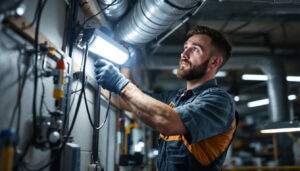 A photograph of a lighting contractor skillfully installing a ballast bypass led fixture in a commercial setting