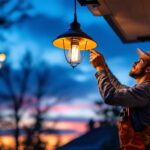 A photograph of a skilled lighting contractor expertly installing a stylish hanging exterior light fixture on a home