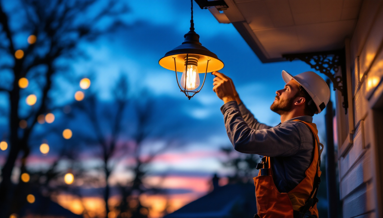 A photograph of a skilled lighting contractor expertly installing a stylish hanging exterior light fixture on a home