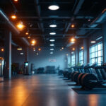 A photograph of a well-lit gym interior showcasing various lighting fixtures in action