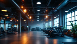 A photograph of a well-lit gym interior showcasing various lighting fixtures in action