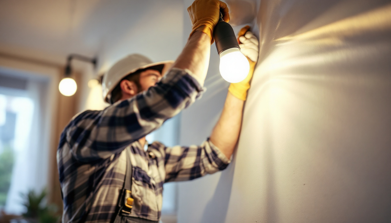 A photograph of a lighting contractor expertly installing replacement led lights in a modern residential setting