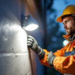 A photograph of a lighting contractor installing or adjusting a photocell light in an outdoor setting