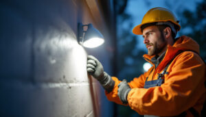 A photograph of a lighting contractor installing or adjusting a photocell light in an outdoor setting