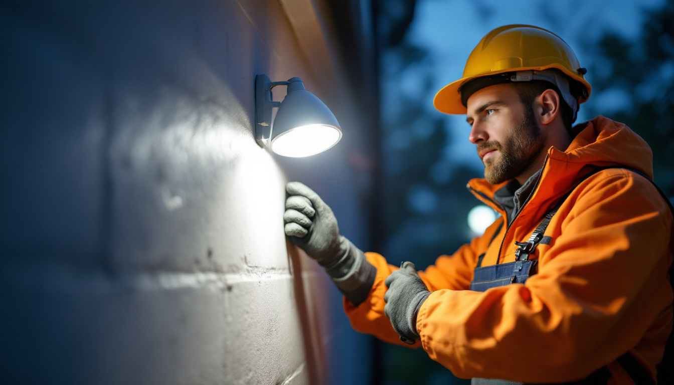 A photograph of a lighting contractor installing or adjusting a photocell light in an outdoor setting