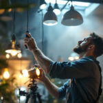 A photograph of a lighting contractor in action