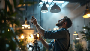 A photograph of a lighting contractor in action