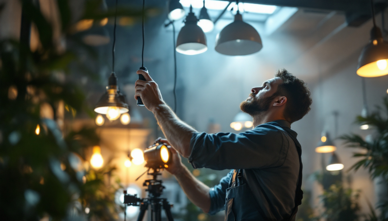 A photograph of a lighting contractor in action