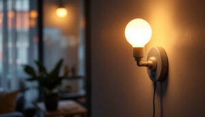 A photograph of a stylish plug-in wall lamp in a beautifully designed interior setting
