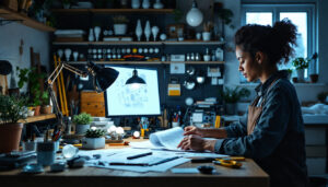 A photograph of a well-organized workspace featuring a variety of lightbulbs