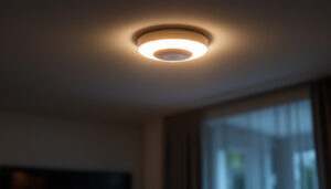 A photograph of a motion sensor ceiling light installed in a modern home setting