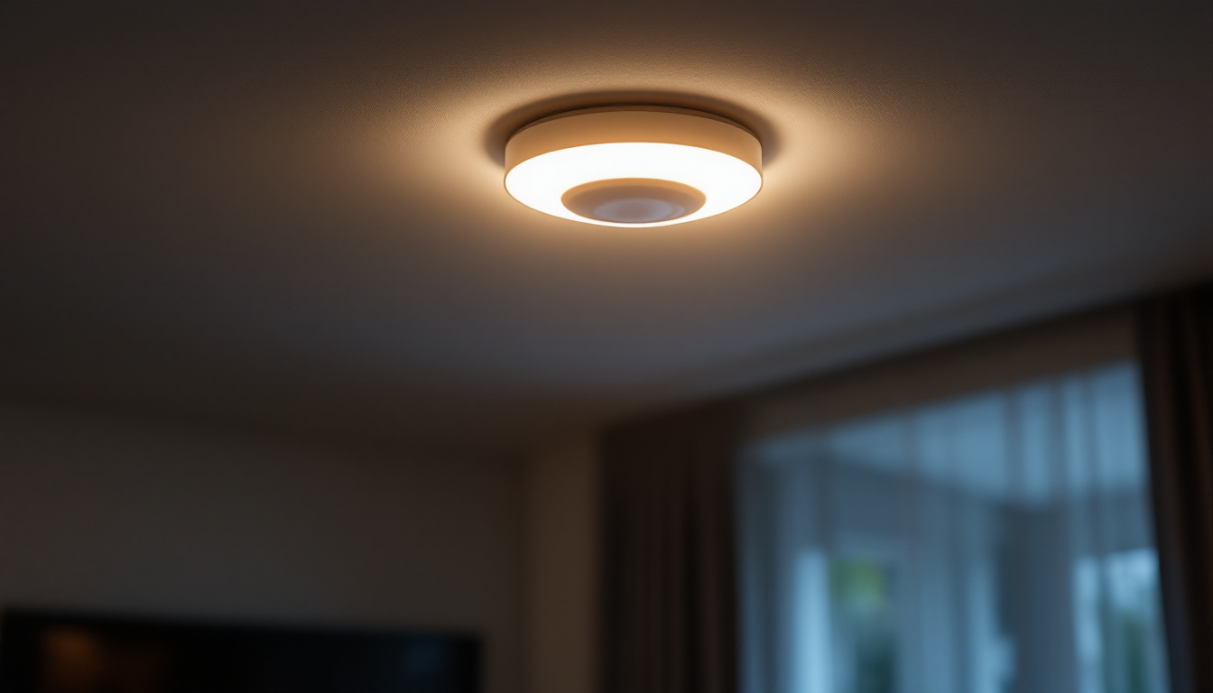 A photograph of a motion sensor ceiling light installed in a modern home setting