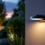 A photograph of a stylish modern exterior lamp illuminating a beautifully landscaped outdoor space at dusk
