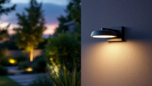 A photograph of a stylish modern exterior lamp illuminating a beautifully landscaped outdoor space at dusk