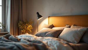 A photograph of a lighting contractor expertly installing or adjusting a stylish bed light in a cozy