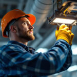 A photograph of a lighting contractor skillfully replacing a led driver in a commercial lighting fixture