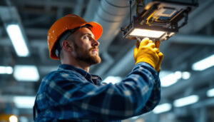 A photograph of a lighting contractor skillfully replacing a led driver in a commercial lighting fixture