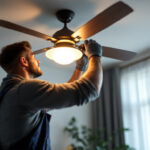 A photograph of a skilled lighting contractor installing a stylish ceiling fan with an integrated light kit in a modern living space