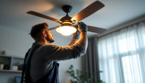 A photograph of a skilled lighting contractor installing a stylish ceiling fan with an integrated light kit in a modern living space