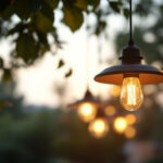 A photograph of a stylish outdoor hanging lamp elegantly illuminated in a cozy outdoor setting