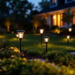 A photograph of a well-lit outdoor space featuring a variety of stylish solar yard lights in use