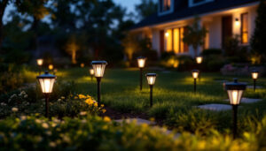 A photograph of a well-lit outdoor space featuring a variety of stylish solar yard lights in use