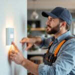 A photograph of a lighting contractor efficiently installing a modern home automation switch in a stylish residential setting