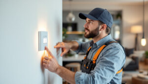 A photograph of a lighting contractor efficiently installing a modern home automation switch in a stylish residential setting