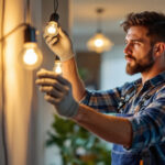A photograph of a skilled lighting contractor in action