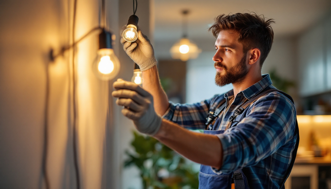 A photograph of a skilled lighting contractor in action