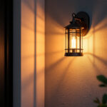 A photograph of a beautifully designed outdoor wall-mounted lantern illuminating a stylish entryway or patio