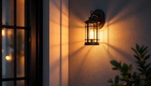 A photograph of a beautifully designed outdoor wall-mounted lantern illuminating a stylish entryway or patio
