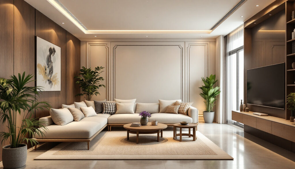 A photograph of a beautifully designed room featuring various styles of recessed lighting trims