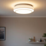 A photograph of a beautifully designed flushmount light fixture installed in a modern home setting