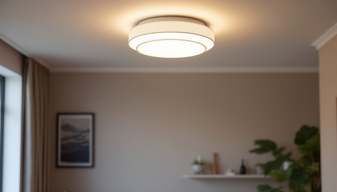 A photograph of a beautifully designed flushmount light fixture installed in a modern home setting