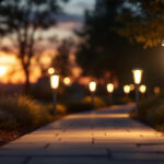 A photograph of a well-lit outdoor pathway featuring solar sidewalk lights in action