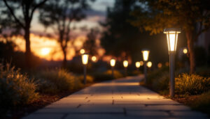 A photograph of a well-lit outdoor pathway featuring solar sidewalk lights in action