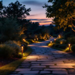 A photograph of a beautifully illuminated garden path at dusk