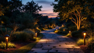 A photograph of a beautifully illuminated garden path at dusk