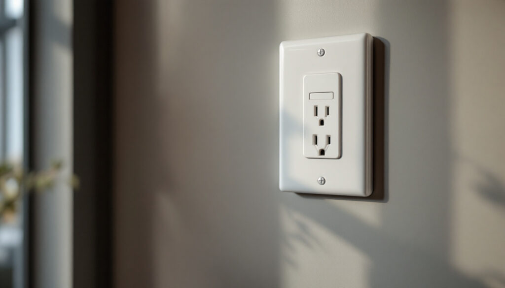 A photograph of a well-installed outlet cover box in a home setting