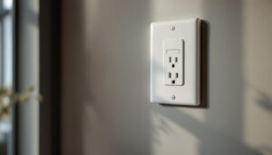A photograph of a well-installed outlet cover box in a home setting