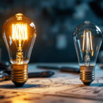 A photograph of a vintage light bulb alongside modern led bulbs